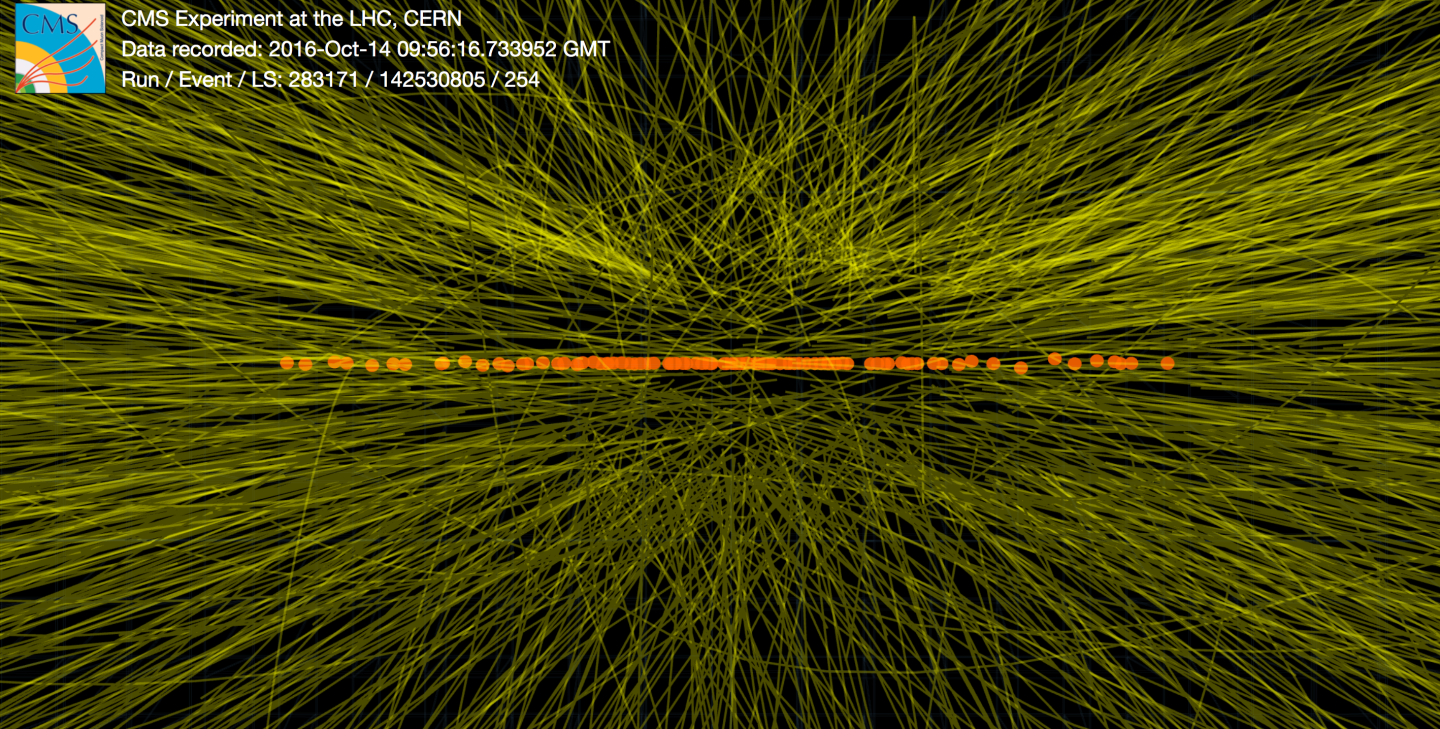 Figure 2.4: Multiple interactions in a single bunch crossing as recorded by the CMS detector during a special high-pile up luminosity at the end of 2016 [55]. The reconstructed primary interaction vertices are shown using orange circles while the yellow lines represent the trajectories of charged particles.